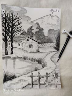 a pencil drawing of a farm scene with mountains in the background and a river running through it