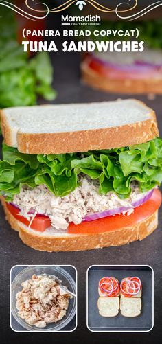 a sandwich with tuna, lettuce and tomatoes on it is shown in this advertisement