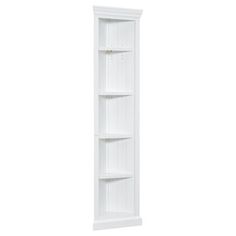 a tall white shelf with three shelves on each side