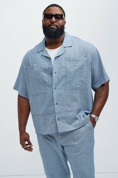 Available In Blue, Ice Blue, White, Stone, Oatmeal, Green and Black Fold Down Collar Front Button Closure Chest Pockets Short Sleeve 55% Linen, 45% Cotton Pair With "Bahamas Linen Cargo Shorts" Pair With "Bahamas Linen Shorts" Pair With "Bahamas Linen Pants" Imported | Mens Bahamas Linen Cuban Shirt in Blue size Medium by Fashion Nova Cuban Shirt, Cuban Shirts, Service Women, Blue Ice, Linen Shorts, Green And Black, White Stone, Linen Pants, Shorts With Pockets