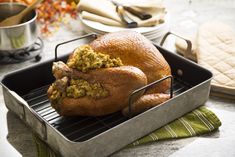 a roasting pan with a turkey in it