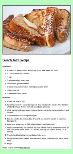 the french toast recipe is shown on this page, with instructions for how to make it