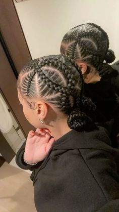 2 Buns Cornrow Hairstyles, Cornrows Space Buns, 4 Braids Cornrows Criss Cross, Stitch Braids To The Back Bun, Cornrow Hairstyles In A Bun, 2 Braids Curly Ends, Stitch Braid Cornrows, 4 Cross Over Braids, 2 Cute Braids