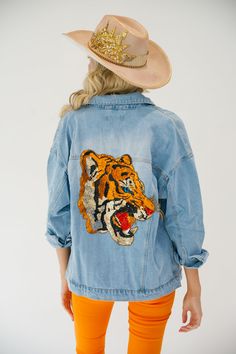 IN THE JUNGLE DENIM JACKET gameday23 Judith March SMALL Luxury Denim Jacket With Graphic Print For Fall, Luxury Casual Denim Jacket With Graphic Print, Patch Making, Safari Outfits, Love Of Nature, Rancher Hat, Tiger Head, In The Jungle, A Tiger