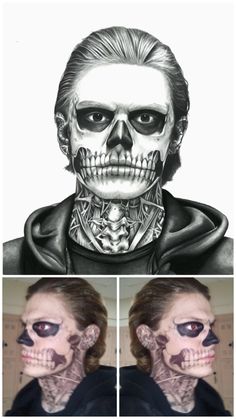 Tate Langdon Skeleton Makeup, Guys Skull Makeup, Tate Makeup American Horror Story, Eye Black Ideas, Face Painting Ideas Adults, Skeletal Makeup, Skeleton Half Face Makeup, Tate Langdon Makeup Tutorial, Male Skull Makeup