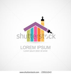 house logo design with paintbrushes on the roof and colorful stripes in the background