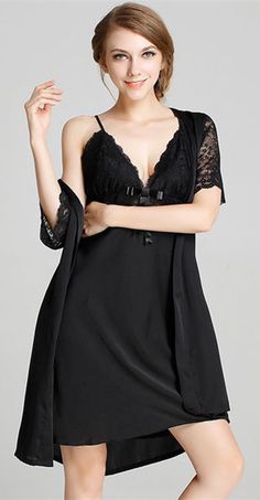 Black Spaghetti Chemise With Robes Black Nightgown With Lace Trim And Spaghetti Straps, Black Cami Sleepwear With Lace Trim, Black Sleepwear With Lace Trim, Sleeveless Black Sleep Chemise, Black V-neck Nightgown For Sleep, Black Spaghetti, Evening Gown