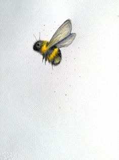 a yellow and black bee is flying in the air