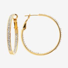 Sparkle and shine best describe these Sparkle Allure 24K gold over brass crystal hoop earrings. Hoop earrings are crafted in 24K gold over brass, feature beautIful sparkling crystal stones, 33mm in length and have a hinged closure. Wear these crystal hoop earrings to dress up any wardrobe choice. Wipe hoop earrings clean with a soft cloth.Features: Nickel FreeEarring Back: OmegaStone Cut: RoundMetal Color: Gold ToneEarring Length: 33mmEarring Width: 3mmCare: Wipe CleanStone Type: 88 CrystalEarri Gold Metal Hoop Earrings With Sparkling Stones, Crystal Hoop Earrings For Anniversary, Gold Hoop Earrings With Crystal, Sparkling Crystal Hoop Earrings For Anniversary, Gold Sparkling Round Crystal Earrings, Gold Plated Hoop Earrings With Sparkling Stones, Gold Crystal Hoop Earrings With Sparkling Stones, Gold-tone Hoop Earrings For Anniversary, Gold Sparkling Crystal Hoop Earrings