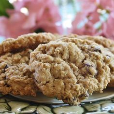 two oatmeal cookies sitting on top of a plate