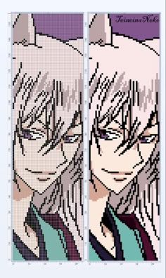 two cross stitched pictures of anime characters, one with blonde hair and the other with blue eyes