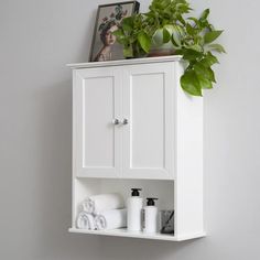 a white bathroom cabinet with plants on top