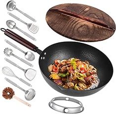 an assortment of cooking utensils and spatulas on a white background, including a frying pan