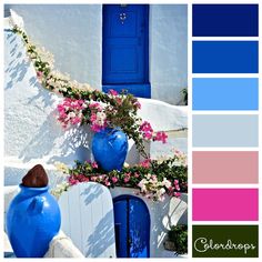 a blue and white building with flowers growing on it