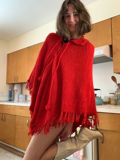 Poncho is a one size fits all size. Red One-size Poncho Cape, Red One-size Cape Poncho, Knit Fabrication Poncho For Fall, One Size, Knit Fabrication One-size Poncho For Fall, Red One Size Cape Poncho, One Size Knit Poncho For Fall, Vintage Winter Poncho One Size, One Size Vintage Poncho For Winter, Vintage One-size Winter Poncho