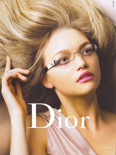 a woman with glasses on her head and the words dior over her face in front of her