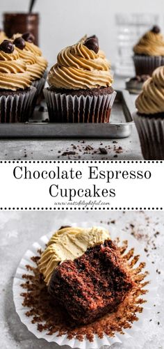 2 stacked images of frosted chocolate espresso cupcakes decorated with coffee beans: top image shows cupcakes on serving platter and bottom image shows cupcake with bite missing on table top Espresso Frosting, Coffee Buttercream Frosting, Flavored Cupcakes, Espresso Cupcakes, Coffee Icing, Coffee Muffins, Chocolate Deserts