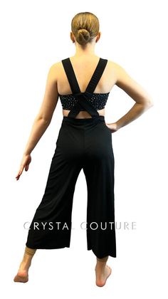 Black wide leg pants have attached suspenders that cross in the back. Connected Black lycra bandeau style top. **Costume in image is an AS, Photographed on an AS/AM Mannequin with Measurements of: Bust 35", Ribcage 30", Waist 25", Hip 34", Girth 57" ***4 Gross of Jet Hematite 20ss Rhinestones! Pants With Suspenders, Black Bandeau Top, Baggy Clothing, Trio Costumes, Sequin Jewelry, Costumes Couture, Black Bandeau, Suspender Pants, Black Wide Leg Pants