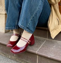 Dark Red Shoes Outfit, Autumn Red Aesthetic, Maroon Heels Outfit, Red Shoes Outfit Aesthetic, Red Autumn Outfits, Elegant Shoes Classy, Red Mary Jane Shoes Outfit, Red Shoes Aesthetic, Burgundy Heels Outfit