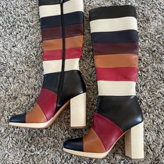 Brand New. Never Worn. Leather Colorblock High Boots Size 7 Valentino Garavani Shoes, Shoes Heels Boots, High Boots, Valentino Garavani, Shoes Women Heels, Color Blocking, Black And Brown, Shoes Heels, Brand New