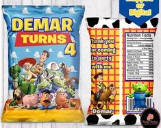 an image of some kind of snack bag with the name demar turns 4 on it