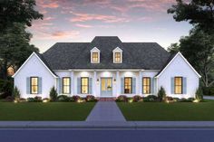 this is a computer rendering of the front elevation of a house with white trim and windows