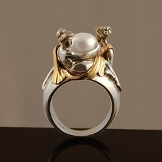 TWO BEAUTIES silver & 14k gold Pearl ring by WingedLion on Etsy Akoya Pearl Ring, Black Pearl Ring, Winged Lion, Pearl Wedding Ring, Lion Jewelry, White Pearl Ring, Gold Pearl Ring, Colored Engagement Rings, Meme Design