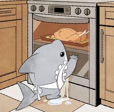 a cartoon shark is opening the oven to see what's in it and eating