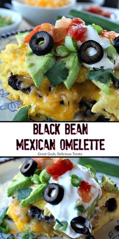 black bean mexican omelette with guacamole and olives on top