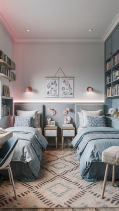 two beds in a bedroom with blue walls and carpeted flooring next to bookshelves