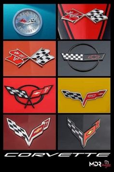 many different logos on the front of a car, including corvettes and other cars