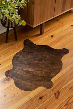 an animal skin rug is on the floor next to a potted plant and cabinet