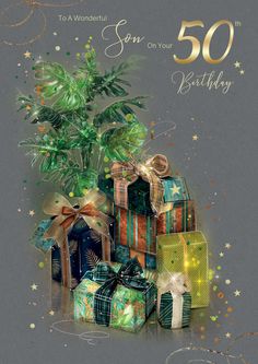 a birthday card with presents and a potted plant