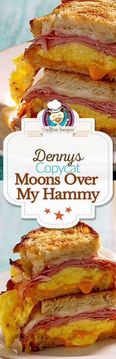 a close up of a sandwich on a plate with the words denny's copy over my hammy