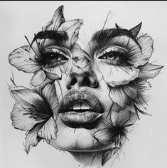 a drawing of a woman with flowers on her face