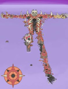 a drawing of a skeleton with flowers on it's body and two skulls in the background