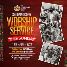 the event poster for worship service, featuring photos of men and women in black and white