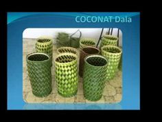 several green vases sitting next to each other on top of a wooden table with the words coconut dala