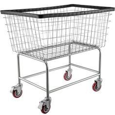 a wire basket on wheels with red casteors