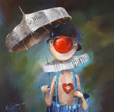 a painting of a clown holding an umbrella and a heart shaped item in his hand