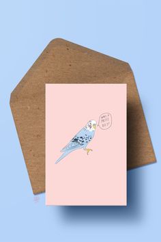 a card with a blue bird on it's back and a speech bubble above the top