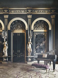 a grand piano in an ornately decorated room with statues and flowers on the floor