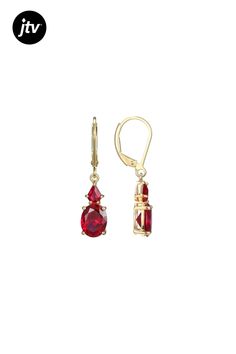 Bella Luce�� lab created ruby 3.88ctw oval and pentagon, Eterno��� 18k yellow gold over sterling silver July birthstone earrings. Measures approximately 1.19" L x 0.18" W and has leverback backings. Classic Red Pear-shaped Jewelry, Classic Oval Hypoallergenic Jewelry, Classic Hypoallergenic Oval Jewelry, Formal Lab-created Ruby Earrings, Red Hypoallergenic Jewelry For Formal Occasions, Hypoallergenic Red Jewelry For Formal Occasions, Formal Red Hypoallergenic Jewelry, Classic Faceted Ruby Jewelry, Classic Gold Jewelry With Lab-created Ruby