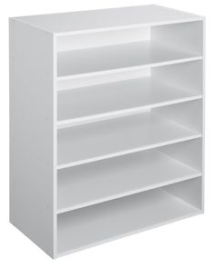 a white book shelf with five shelves on each side and two doors at the top