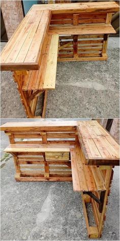 two wooden benches sitting next to each other on top of cement floored area with one bench made out of wood planks