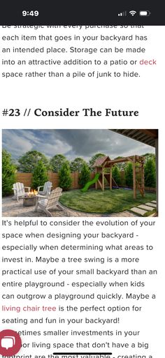 the back yard with text describing how to build an outdoor living space in your backyard