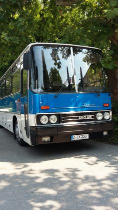 a blue and white bus is parked on the side of the road near some trees