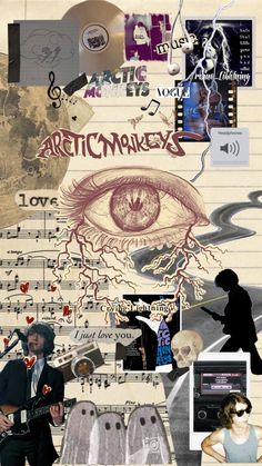 a collage of various images including an eye, music notes, and people's faces