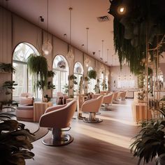 the interior of a hair salon with lots of chairs and potted plants on the walls