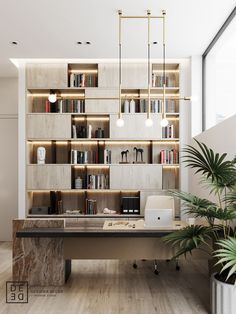 an office with white walls and wooden flooring is pictured in this image, there are potted plants on either side of the desk